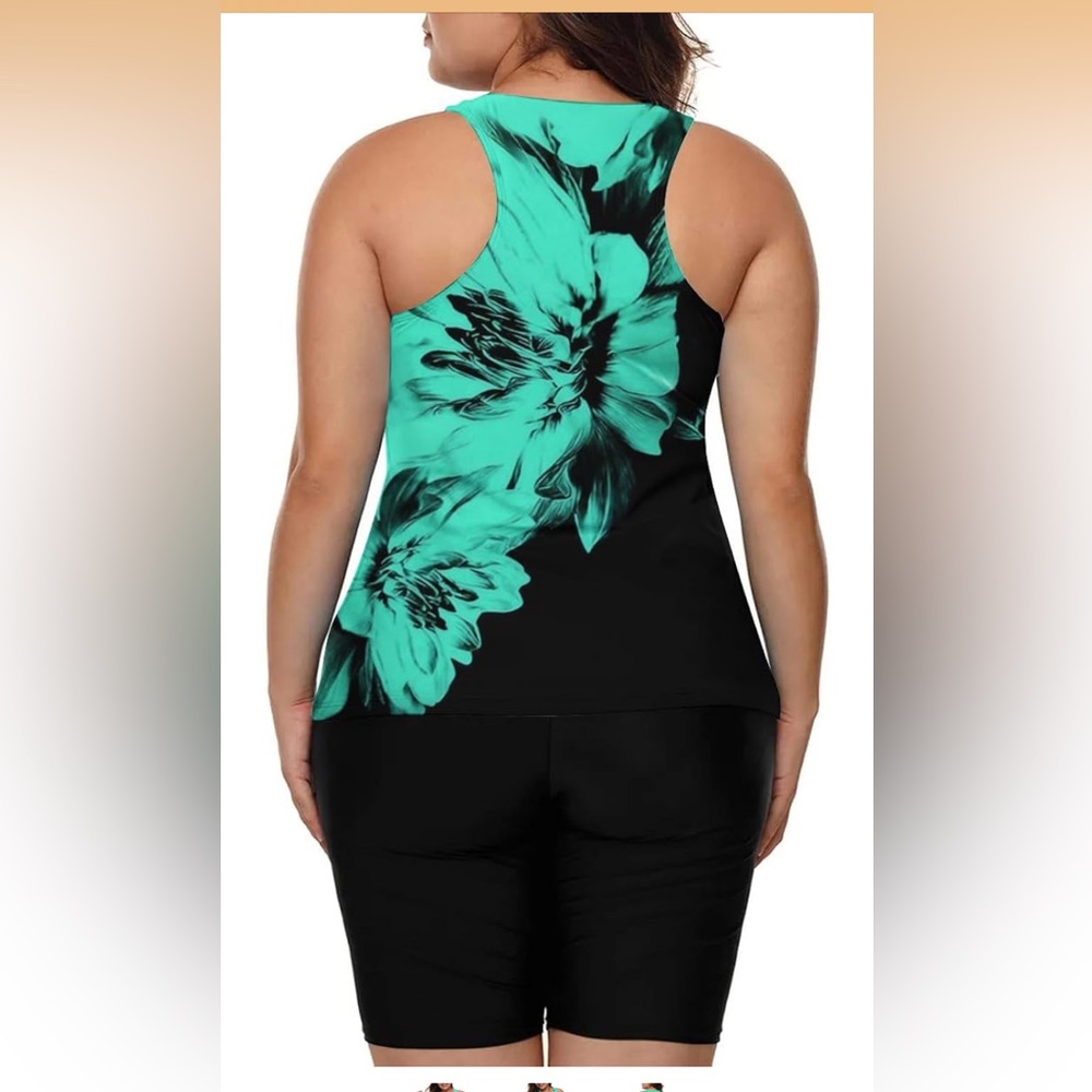 🚘 🆕 Lalagen Black Tankini Top with Teal Floral Print - Picture 3 of 12